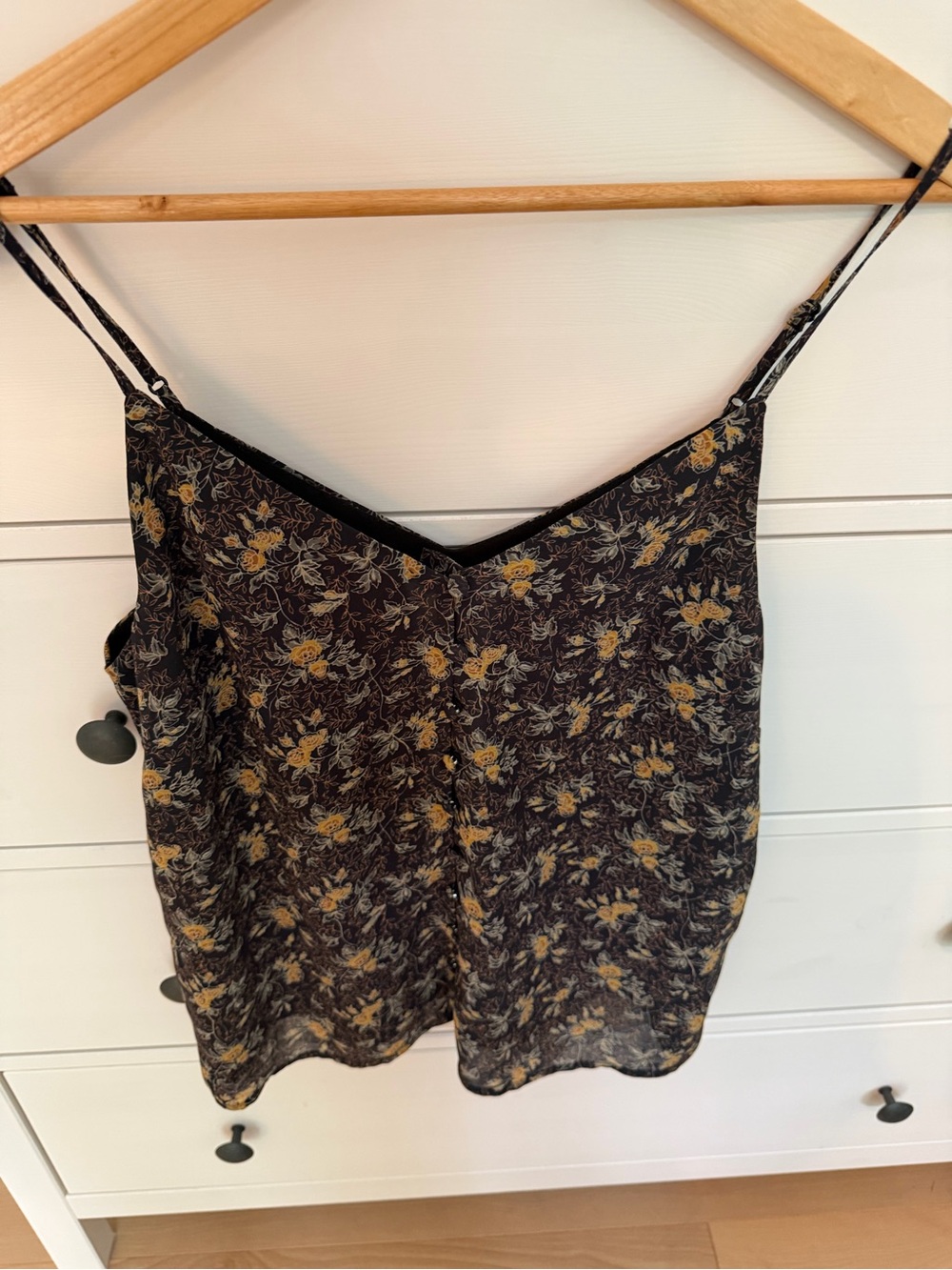 Floral V-Neck Spaghetti Strap Tank Top with Buttons - Black & Mustard